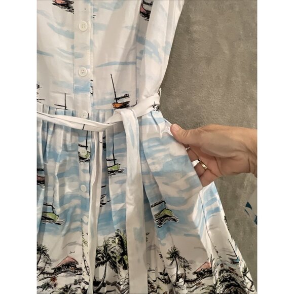 LF LESLIE FAY RETRO WATER COLOR ISLAND PRINT SLEEVELESS SHIRT DRESS WOMEN SZ 10 - Picture 7 of 16